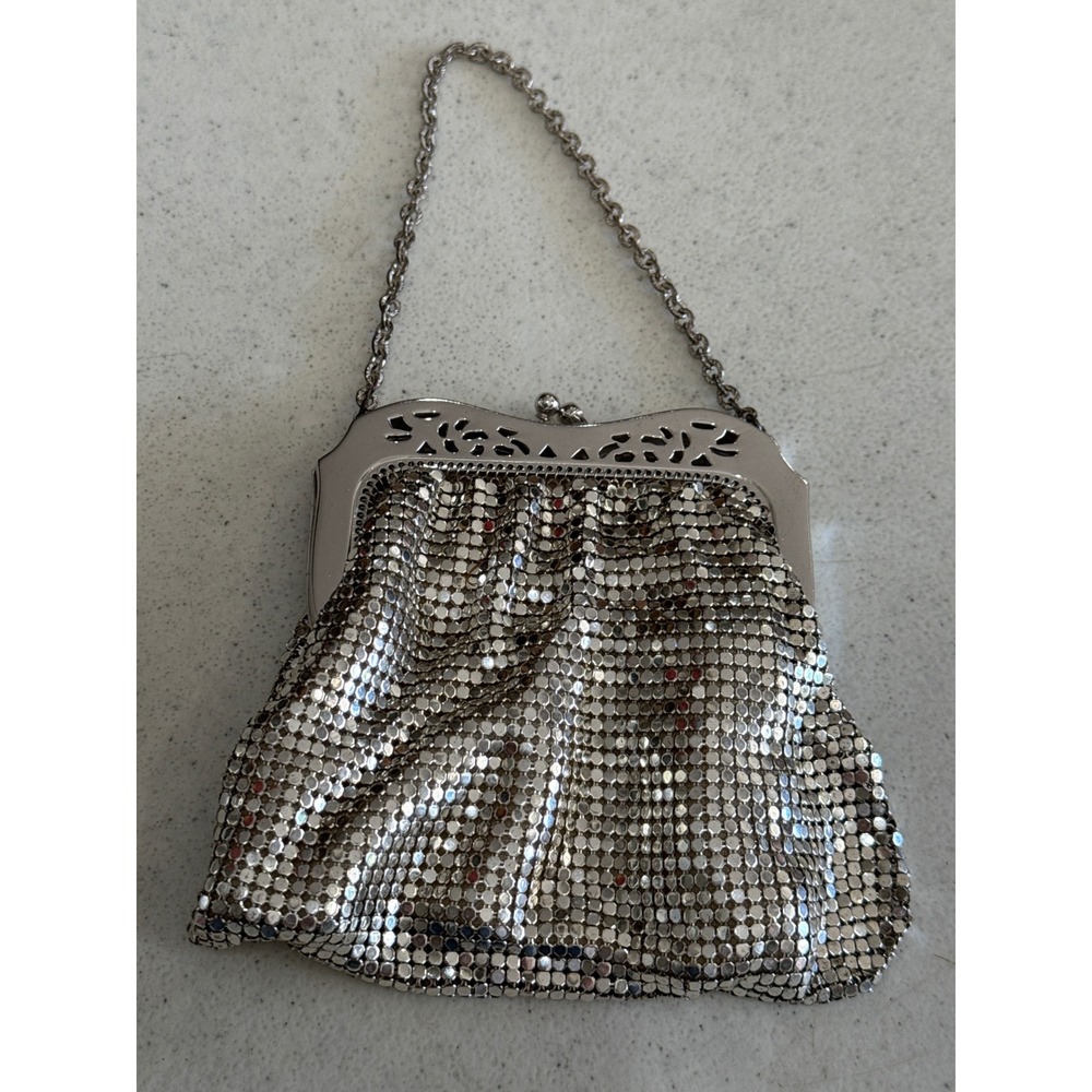 Whiting & Davis Vintage Silver Metal Mesh Evening Bag Filigree Frame Kiss Lock